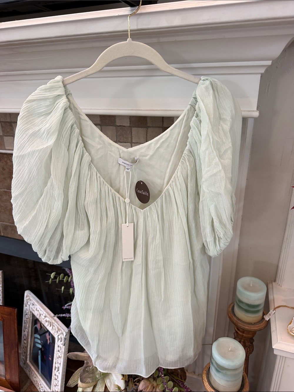 NWT Rebecca Taylor Womens Puff Sleeve Silk-Blend Top blouse aloe Green M $245